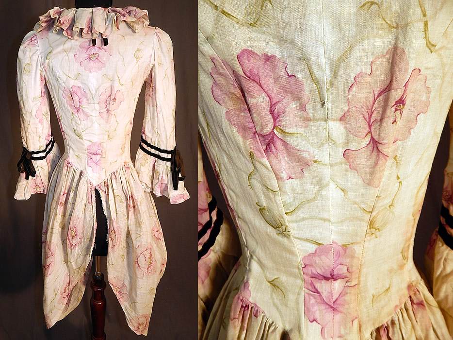 Victorian Lilac Pink Poppy Print Cotton Muslin Cutaway Swagged Polonaise Bodice
The top measures 21 inches long, 40 inches long on the sides, with a 22 inch waist, 32 inch bust and 17 inch long sleeves. It is in good condition, but has not been cleaned and has a few faint small stains and some fraying along the edging of the back skirt split opening. This is truly a wonderful piece of antique Victoriana textile art!