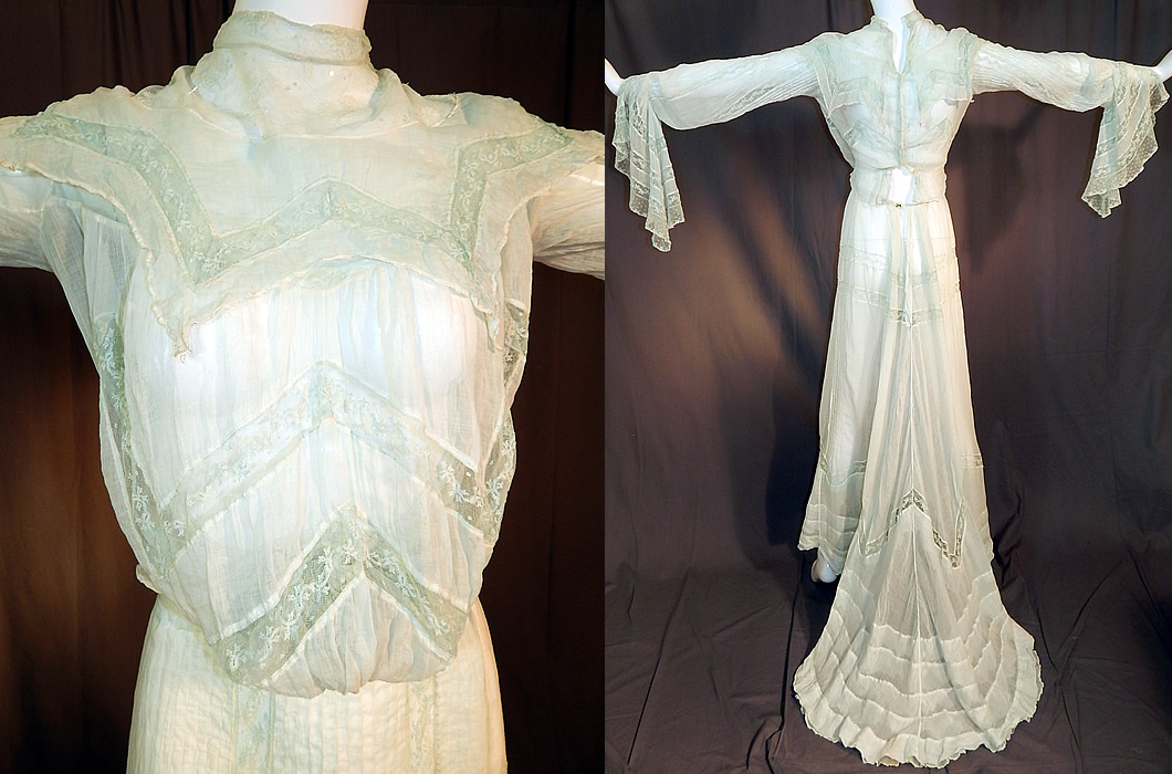 Edwardian Blue Batiste Lace Dress Handkerchief Sleeve Blouse & Skirt Train
It is made of a pale blue sheer fine cotton batiste fabric, with blue lace trim inserts.