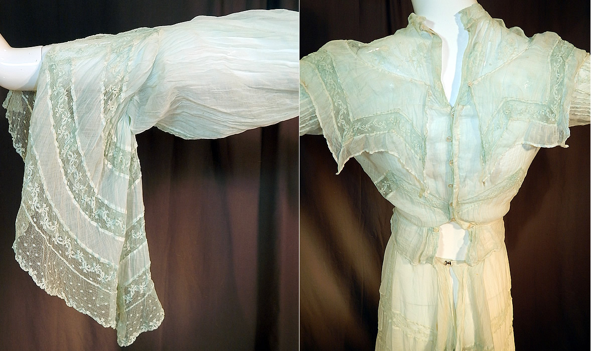 Edwardian Blue Batiste Lace Dress Handkerchief Sleeve Blouse & Skirt Train
It is in good condition, but has not been cleaned, with only a few faint small stains on the skirt. This is truly an extraordinary piece of wearable antique lace textile art which would make a wonderful wedding gown!