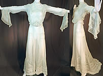 Edwardian Blue Batiste Lace Dress Handkerchief Sleeve Blouse & Skirt Train
