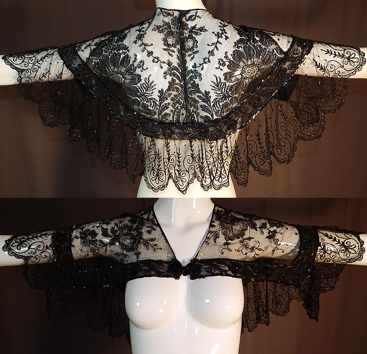 Victorian Black Chantilly Lace Jet Beaded Shawl Collar Fichu Pelerine Cape
There is a floral raised embroidered trim edging outlined in jet beading and a jet beaded scalloped ruffle trim bottom.