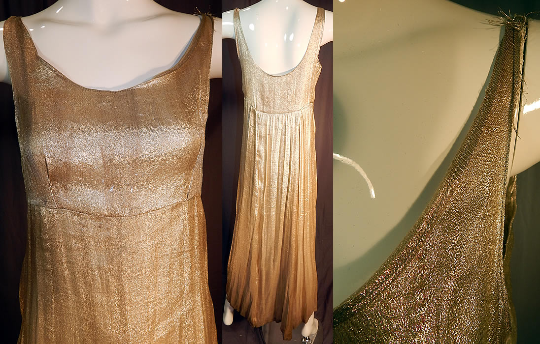 Vintage Silver Lam&eacute; Lame High Empire Waist Long Evening Gown Slip Dress
The dress measures 52 inches long in the front, 58 inches long in the back, with a 30 inch waist and 36 inch bust. It is in good condition, with only some fraying on one shoulder strap and some slight faint tarnish discoloration on the fabric in areas. This is truly an amazing piece of Art Deco lam&eacute; wearable textile art!