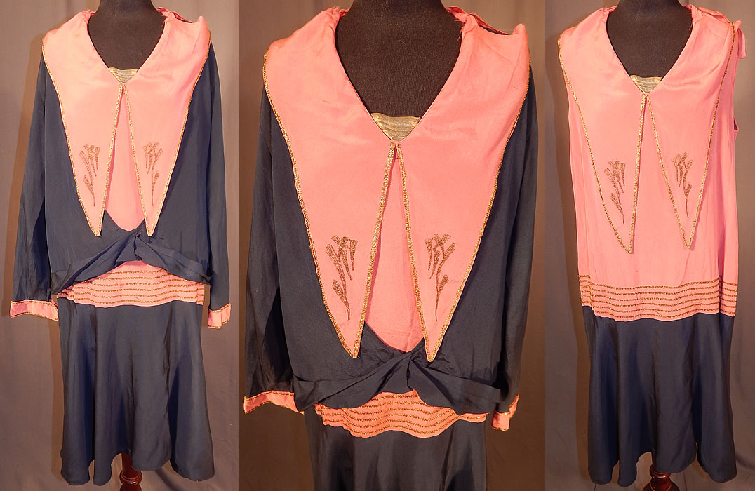 Vintage Art Deco Navy Blue Pink Silk Gold Embroiderd Dress & Jacket
This vintage Art Deco navy blue and pink silk gold embroidered dress and jacket outfit dates from the 1920s. It is made of a navy blue and pink silk fabric, with gold metallic embroidery trim edging and decorative Asian inspired characters on the collar.