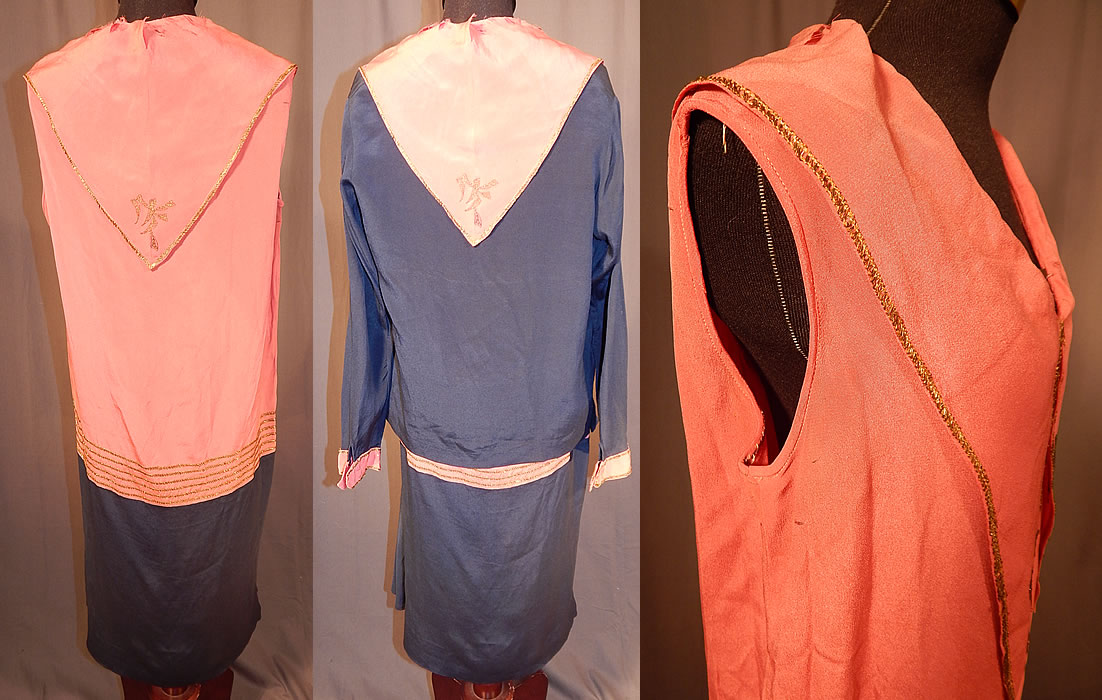 Vintage Art Deco Navy Blue Pink Silk Gold Embroiderd Dress & Jacket
This loose fitting drop waist sailor style, sleeveless dress has a large triangle shape fichu collar with wide lapel point front, small gold lamé trim front insert and is unlined.