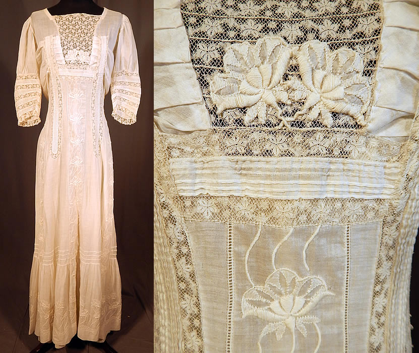Victorian Cream Cotton Batiste Embroidery Applique Lace Lawn Dress Tea Gown
This vintage Victorian era cream cotton batiste embroidery appliqué lace lawn dress tea gown dates from 1900. It is made of a sheer off white cream color cotton batiste lawn fabric, with a white raised padded satin stitch embroidery whitework done in a floral design, with lace trim inserts and floral appliques. 