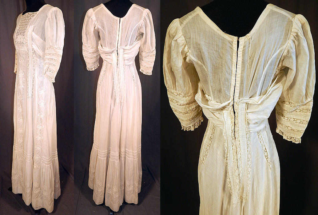Victorian Cream Cotton Batiste Embroidery Applique Lace Lawn Dress Tea Gown
The dress measures 55 inches long, with a 26 inch waist, 34 inch bust and 14 inch long sleeves. 