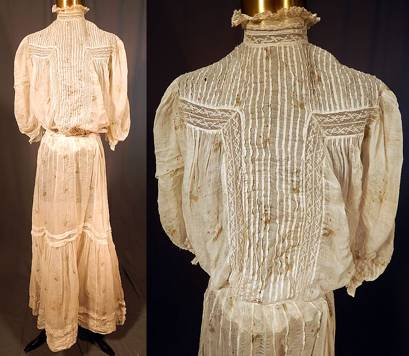 Edwardian Moire Pattern Print White Batiste Lace Dress Blouse & Skirt
This vintage Edwardian era moire pattern print white batiste lace dress blouse and skirt dates from 1910. It is made of an off white sheer fine delicate cotton batiste fabric, with a red, green moire pattern print and white lace trim inserts. 