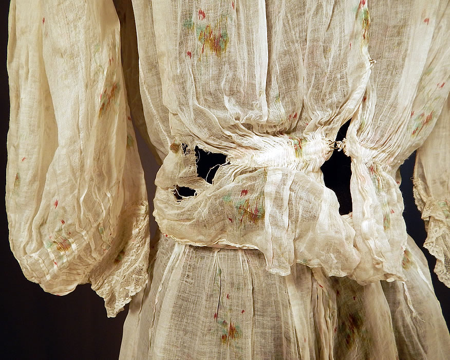 Edwardian Moire Pattern Print White Batiste Lace Dress Blouse & Skirt
The skirt measures 39 inches long, with a 26 inch waist. It is in fair as-is condition, needing some restoration, with several small frayed holes on both the blouse and skirt (see close-up). This is truly a wonderful piece of wearable antique lace textile art which would be great for design! 