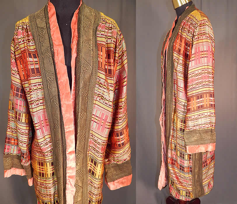 Vintage Art Deco Colorful Woven Silk Plaid Gold Lamé Flapper Opera Coat Lame
It is made of a colorful woven silk damask plaid pattern fabric, with gold metallic lamé trim edging done in a woven brocade grape vine leaf design and pale pink silk velvet trim edging.