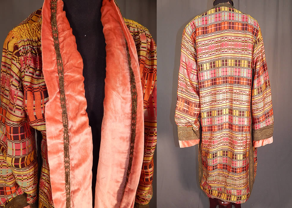 Vintage Art Deco Colorful Woven Silk Plaid Gold Lam&eacute; Flapper Opera Coat Lame
This fabulous flapper opera coat has a loose fitting long length style, with an open front, no closure, long full sleeves with gathered smocking along the shoulders and pink silk velvet lining with gold metallic lace trim edging inside. The coat measures 41 inches long, with a 40 inch bust, 40 inch hips, a 40 inch waist and 24 inch long sleeves.