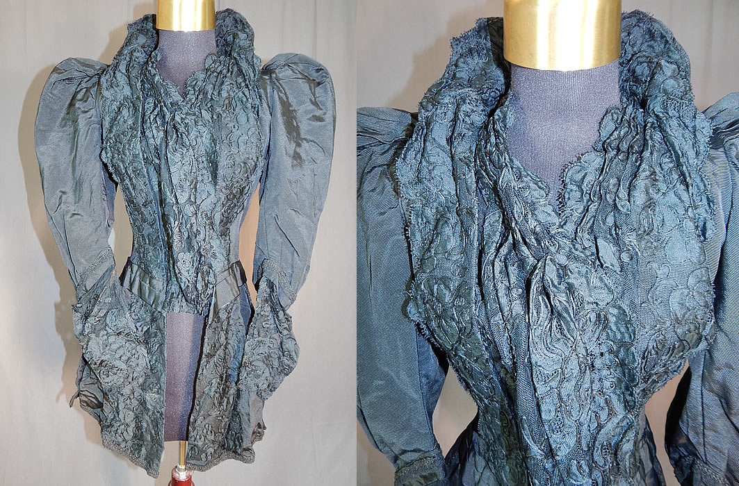 Victorian M.A. Smyth & Co Black Silk Lace Mutton Sleeve Mourning Bodice Jacket
This antique Victorian era M.A. Smyth & Co. black silk lace mutton sleeve mourning bodice jacket dates from the 1880s. It is made of a black silk grosgrain ribbed textured fabric, with a black lace trim front panel and sleeve cuffs.