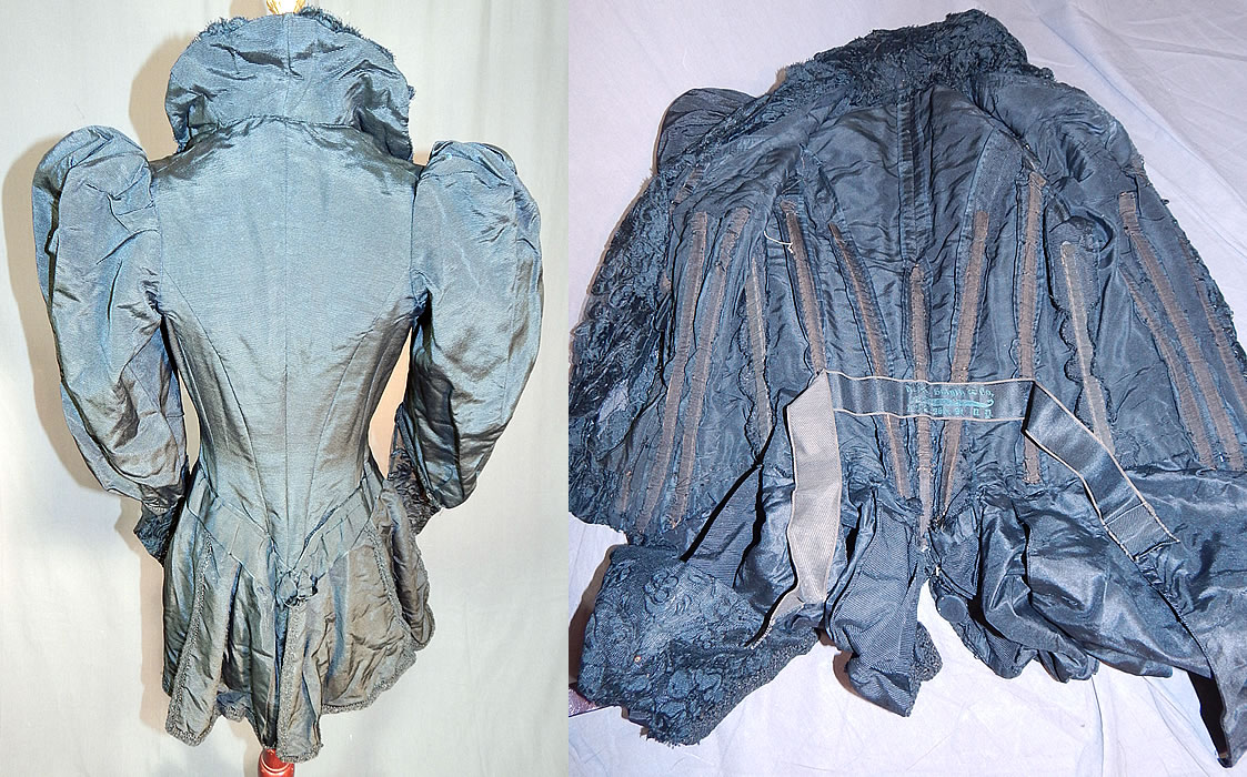 Victorian M.A. Smyth & Co Black Silk Lace Mutton Sleeve Mourning Bodice Jacket
The bodice measures 28 inches long, with a 22 inch waist, 30 inch bust, 22 inch long sleeves and is 10 inches across the top back shoulders. It is in excellent condition. This is truly a wonderful piece of antique Victoriana mourning wearable art!
