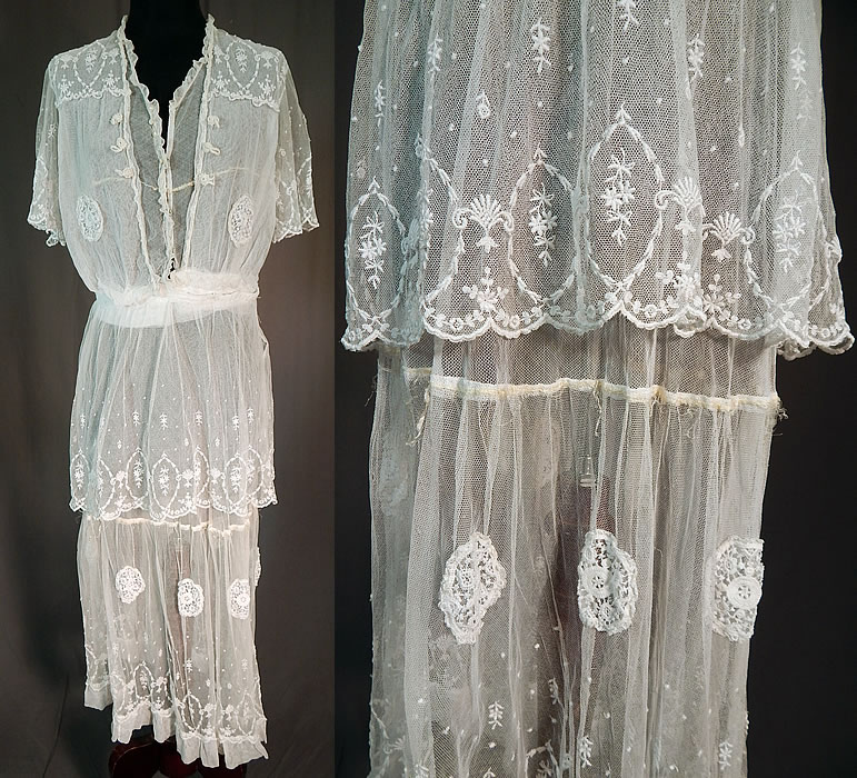 Titanic Edwardian Embroidered White Tulle Net Lace Applique Dress Tea Gown
This vintage Titanic Edwardian era embroidered white tulle net lace appliqu&eacute; dress tea gown dates from 1912. It is made of a sheer white tulle net fabric, with white embroidery work done in floral, Swiss dot decorative designs and round medallion lace appliqu&eacute; trim.