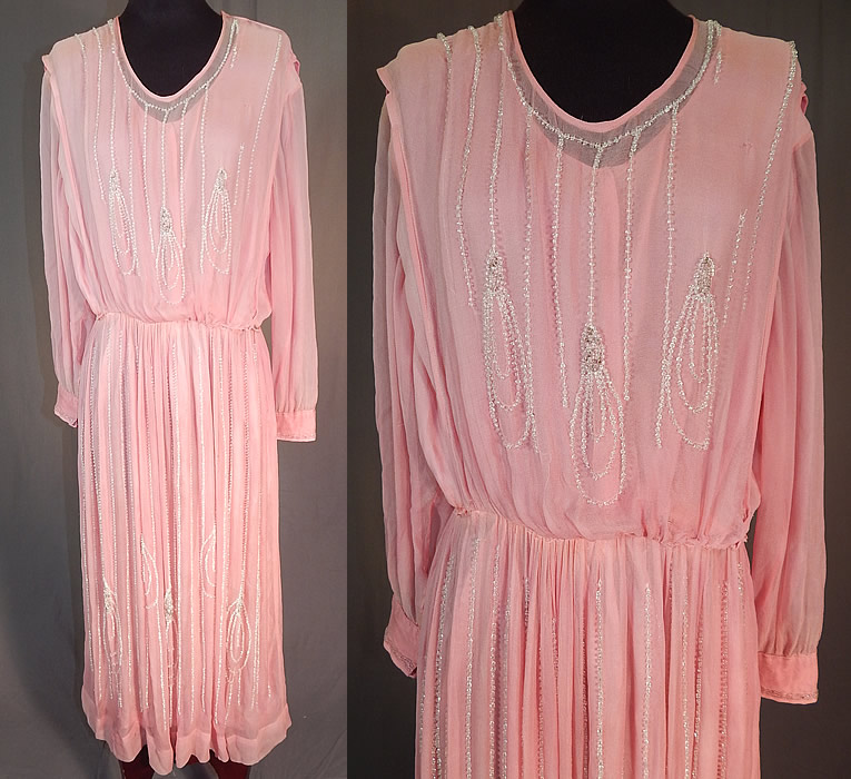 Vintage Pink Pastel Silk Chiffon Crystal Beaded Tear Drop Evening Gown Dress
This vintage pink pastel silk chiffon crystal beaded tear drop evening gown dress dates from 1920. It is made of a pink pastel sheer silk chiffon fabric with crystal beading done in a hanging tear drop looped ornament design. 