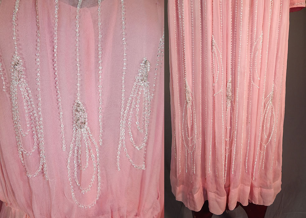Vintage Pink Pastel Silk Chiffon Crystal Beaded Tear Drop Evening Gown Dress
The dress measures 48 inches long, with a 26 inch waist, 36 inch bust and 20 inch long sleeves. It is in good condition, with only some missing beads on the top (see close-up). This is truly a wonderful piece of wearable beaded textile art!
