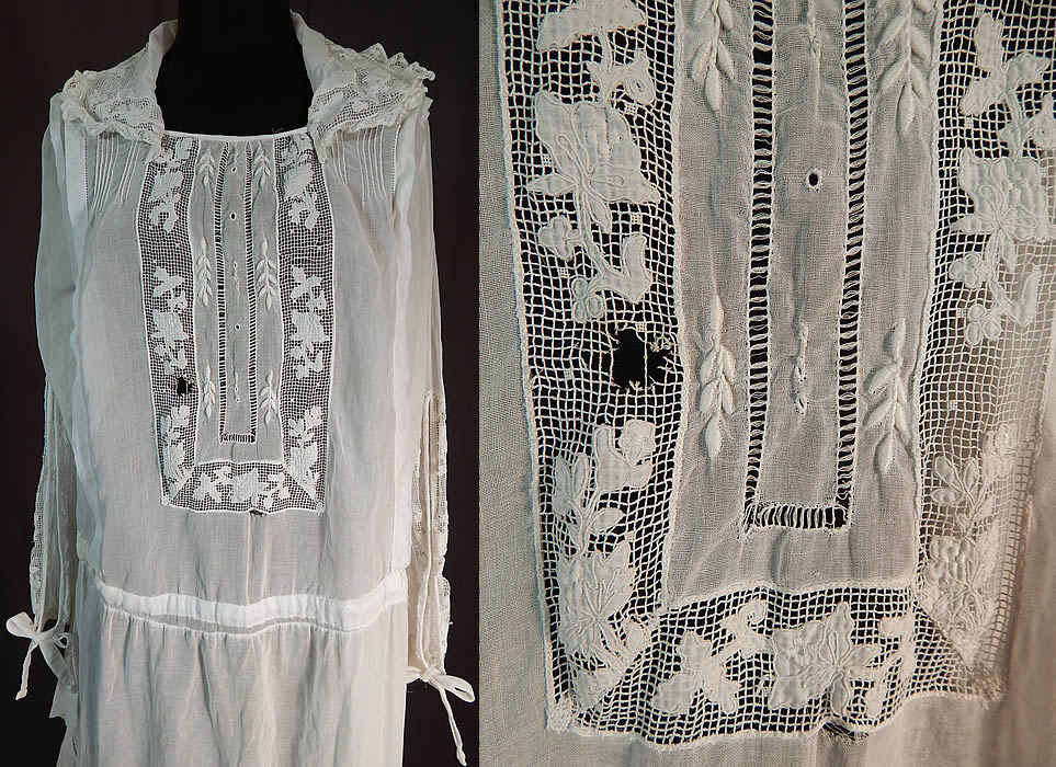 Vintage White Cotton Batiste Embroidered Maltese Bobbin Lace Peasant Dress
It is in good as-is condition, with only two small frayed holes, breaks in the lace on the front top panel (see close-up).