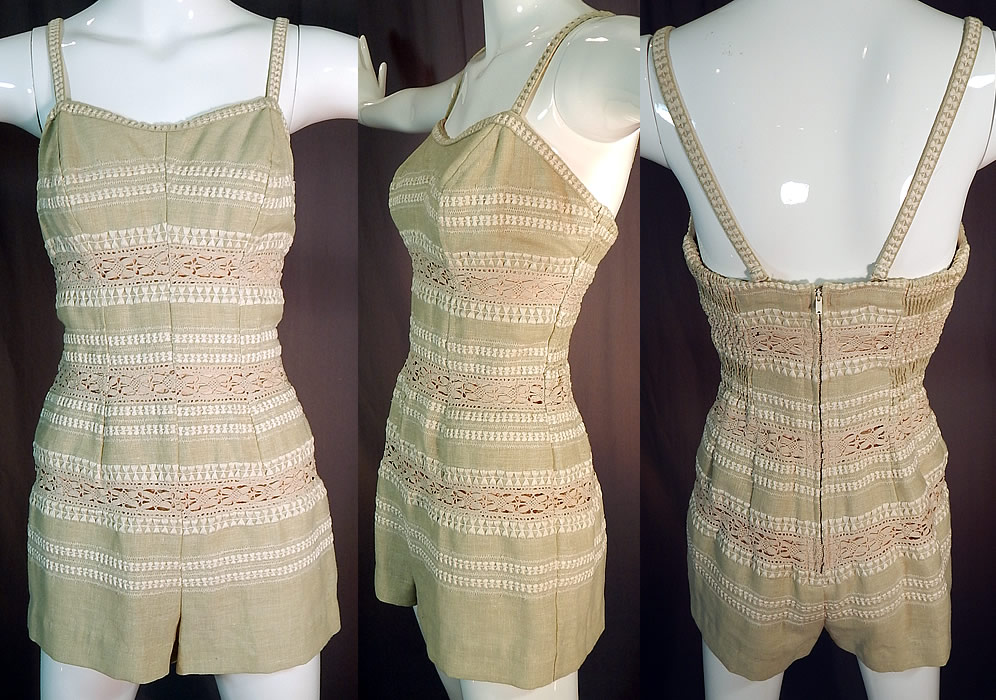 Vintage Jantzen Embroidered Ecru Linen Lace Trim Pinup Romper Swimsuit
This vintage Jantzen embroidered ecru linen lace trim pinup romper swimsuit dates from the 1950s. It is made of an ecru color linen fabric, with off white embroidered hourglass shapes and cream lace trim inserts.