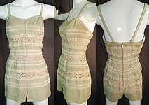 Vintage Jantzen Embroidered Ecru Linen Lace Trim Pinup Romper Swimsuit
