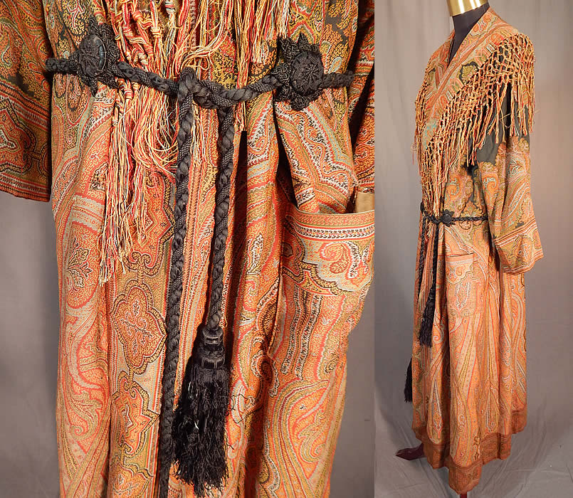 Victorian Antique Wool Paisley Shawl Collar Belted Robe Morning Dressing Gown
This stunning shawl was created into a long floor length robe morning dressing gown, with wonderful workmanship and detail.