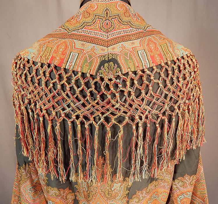 Victorian Antique Wool Paisley Shawl Collar Belted Robe Morning