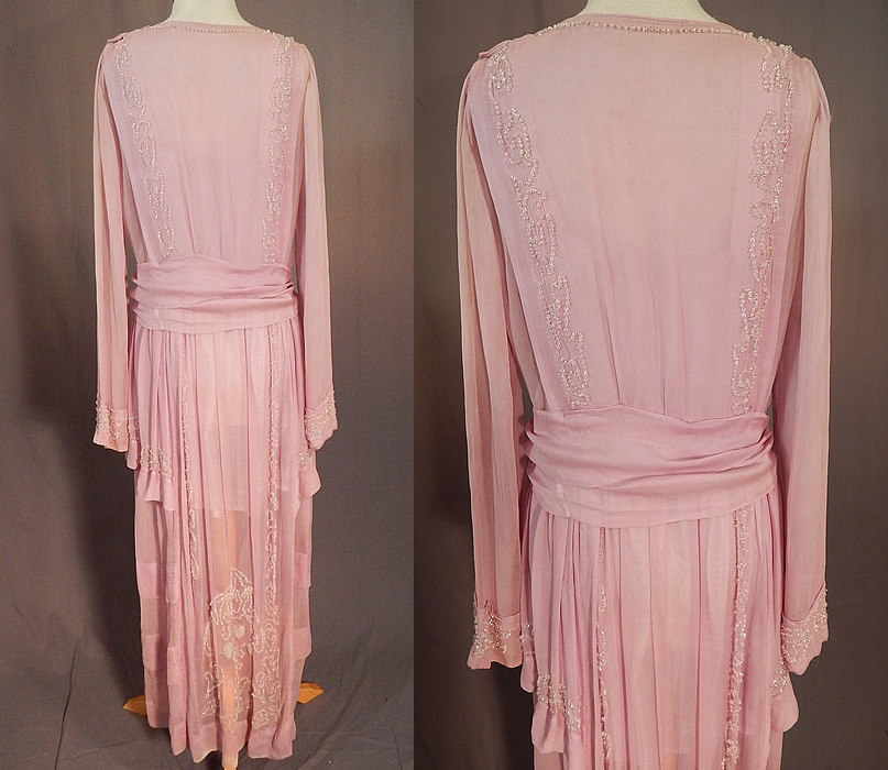 Edwardian Lilac Silk Chiffon Crystal Beaded Belted Evening Gown Dress
This is truly a wonderful piece of wearable beaded textile art!