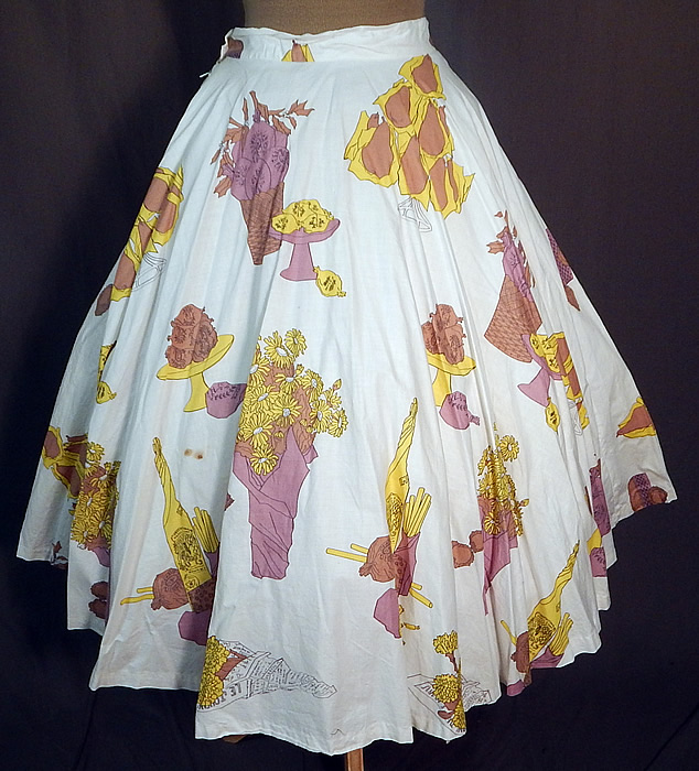 Vintage Cotton French Provincial Picnic Novelty Print Circle Skirt Tulle Net Petticoat
This unique retro circle skirt has a side zipper, hook waistband closure and is lined with a white tulle net crinoline petticoat underneath for fullness. 
