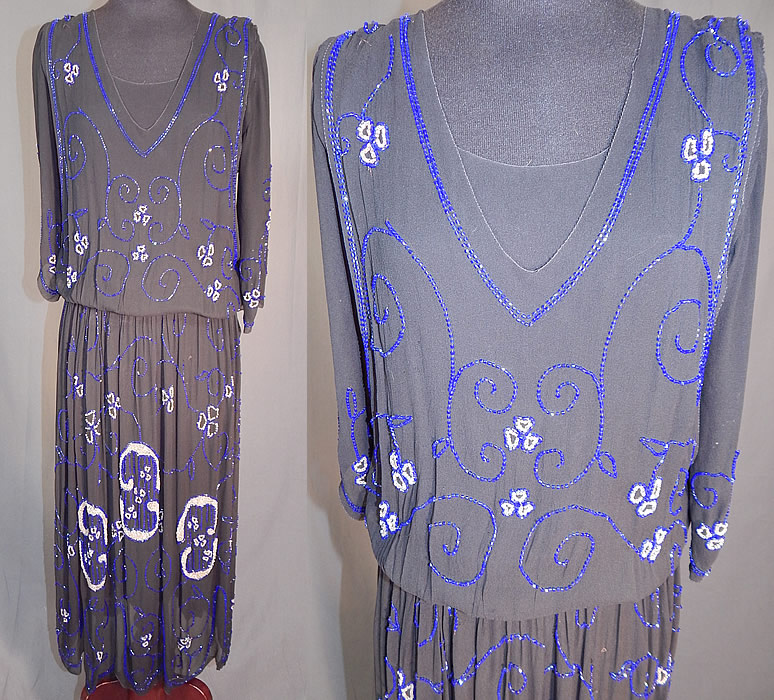 Vintage Art Deco Black Silk Pink & Cobalt Blue Beaded Spiral Floral Flapper Dress
This amazing Art Deco vintage black silk, pink and cobalt blue beaded spiral floral flapper dress dates from the 1920s. It is made of a sheer black silk chiffon fabric, with a pale pastel pink and bright cobalt blue beading done in Art Deco abstract floral vine leaf spiral designs