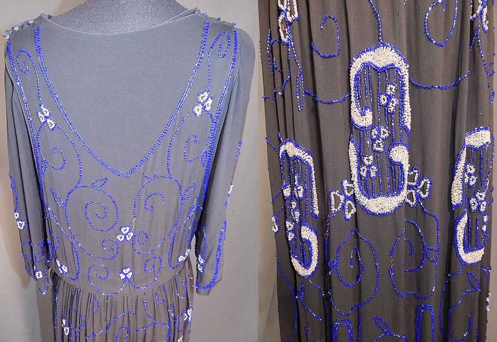 Vintage Art Deco Black Silk Pink & Cobalt Blue Beaded Spiral Floral Flapper Dress
It is in good condition, with only a few loose missing beads. This is truly a wonderful piece of Art Deco wearable beaded textile art! 