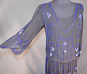 Vintage Art Deco Black Silk Pink & Cobalt Blue Beaded Spiral Floral Flapper Dress
