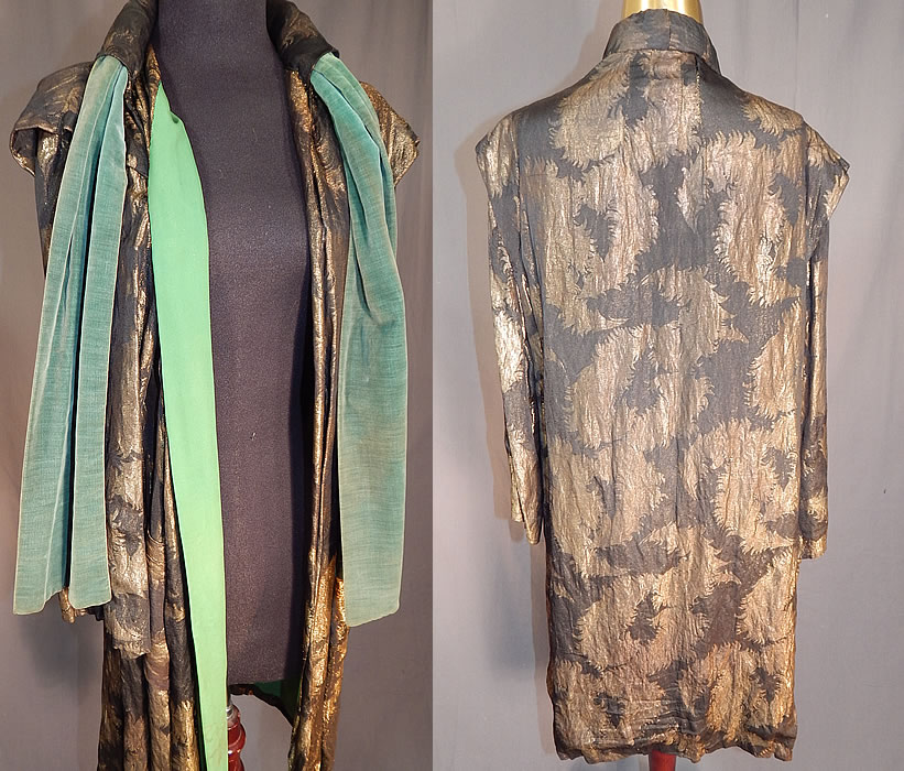 Vintage Art Deco Black Silk Gold Lam&eacute; Lame Feather Flapper Coat Jacket
The coat measures 36 inches long, with a 36 inch bust, 38 inch waist and 21 inch long sleeves. 