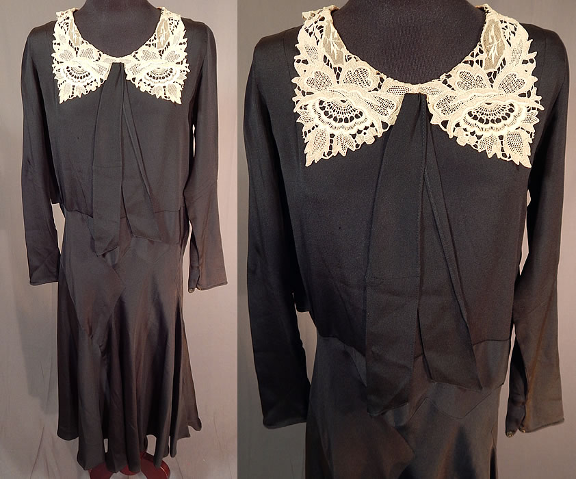 Vintage Black Silk Crepe de Chine Cream Lace Collar Bias Cut Dress