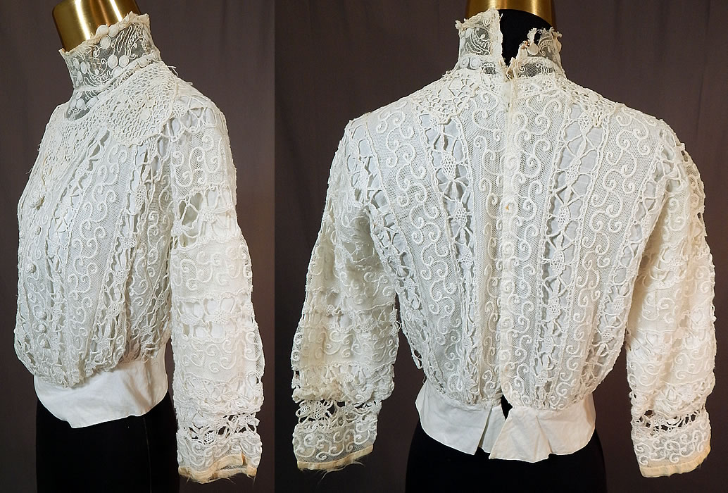 Edwardian Embroidered White Net Mixed Crochet Lace Bodice Blouse
The top measures 17 inches long, with a 24 inch waist, 34 inch bust and 9 inch neck.