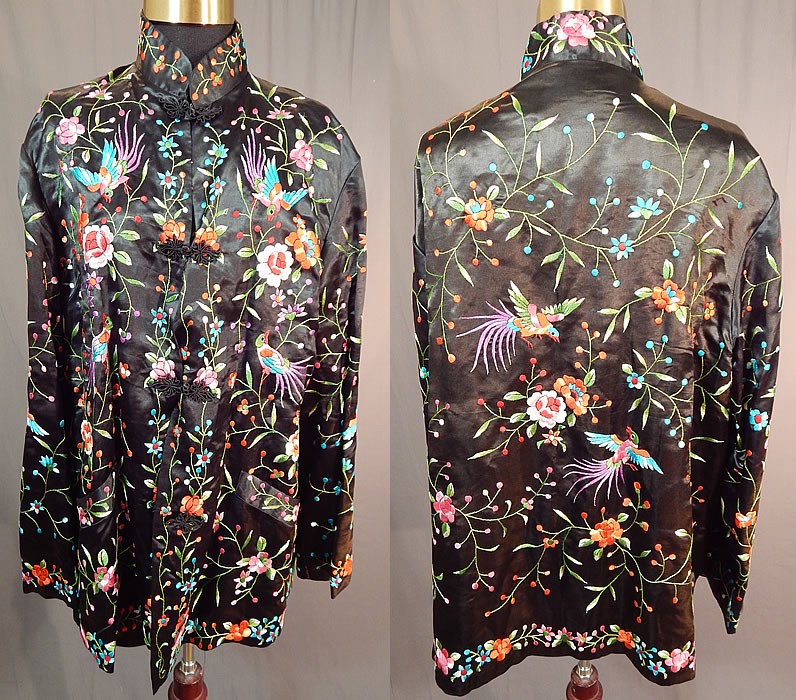 Vintage Plum Blossoms Chinese Black Silk Colorful Floral Bird Embroidered Jacket
This vintage Plum Blossoms Chinese black silk colorful floral bird embroidered jacket dates from the 1940s.