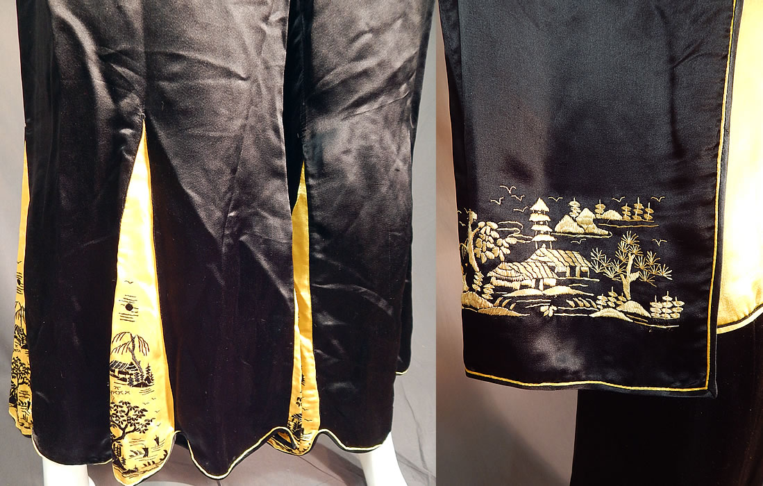 Vintage Chinese Black & Yellow Silk Embroidered Pajamas Palazzo Pants Robe Top
Included in this three piece lingerie lounge wear pajama set is a sleeveless tank top shirt blouse, with a pullover style, V front neckline and heart shaped patch pocket sewn onto the bottom front.