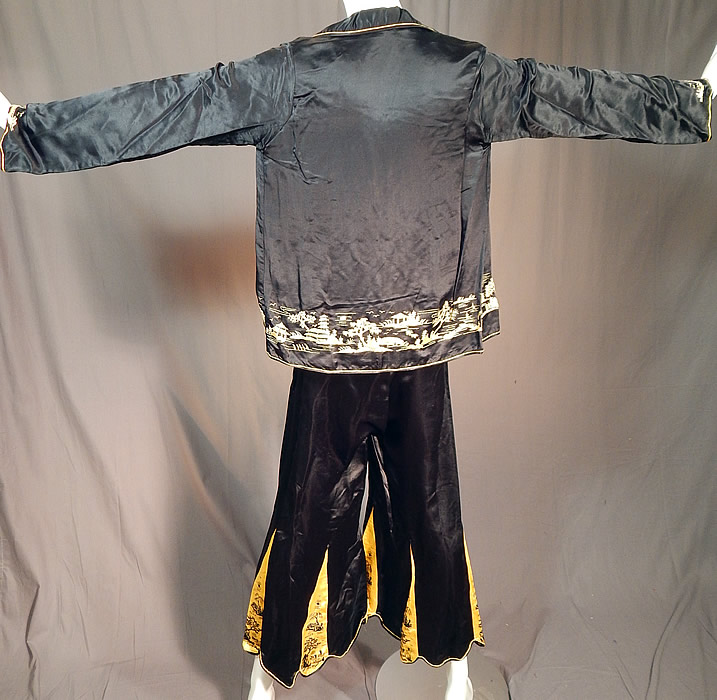 Vintage Chinese Black & Yellow Silk Embroidered Pajamas Palazzo Pants Robe Top
The top measures 23 inches long, with a 32 inch waist and 34 inch bust. 