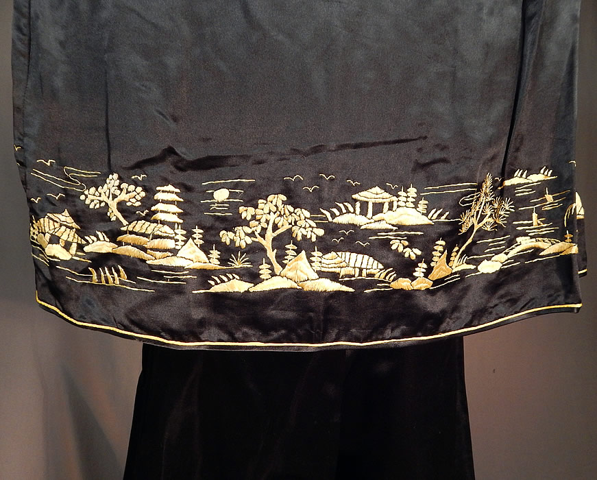 Vintage Chinese Black & Yellow Silk Embroidered Pajamas Palazzo Pants Robe Top
There is a loose fitting short robe coat jacket with an open front, no closure, fold over lapel collar, long full sleeves and is unlined. 