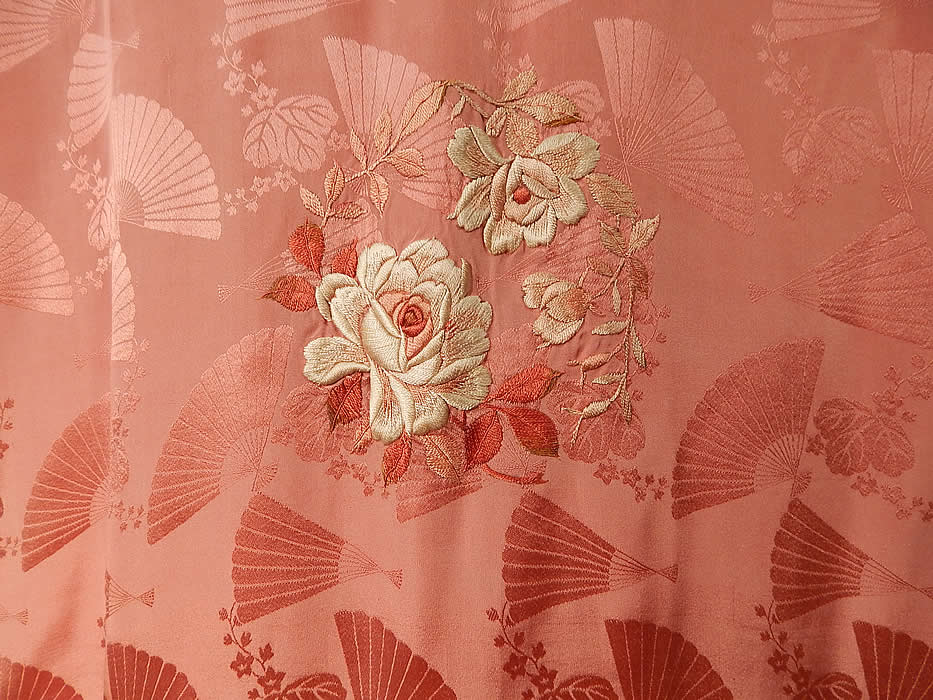 Vintage Japanese Pink Silk Damask Fan Floral Embroidered Mon Belted Kimono Robe
The kimono measures 52 inches long, with 20 inch long kimono sleeves, a 48 inch bust and 48 inch waist. 