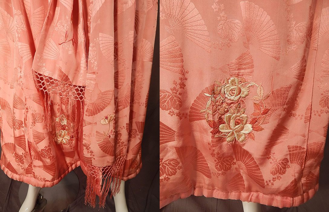 Vintage Japanese Pink Silk Damask Fan Floral Embroidered Mon Belted Kimono Robe
This is truly a wonderful piece of wearable Japanese textile art!