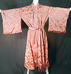 Vintage Japanese Pink Silk Damask Fan Floral Embroidered Mon Belted Kimono Robe
