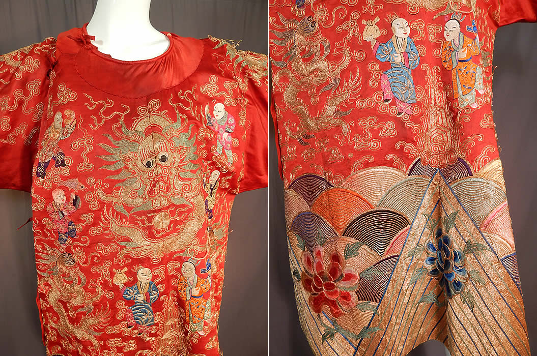 Antique Chinese Dragon Phoenix Gold Couching Embroidery Red Silk Opera Robe
It is made of a red silk fabric, with gold metallic couching and colorful raised padded satin stitch hand embroidery work.
