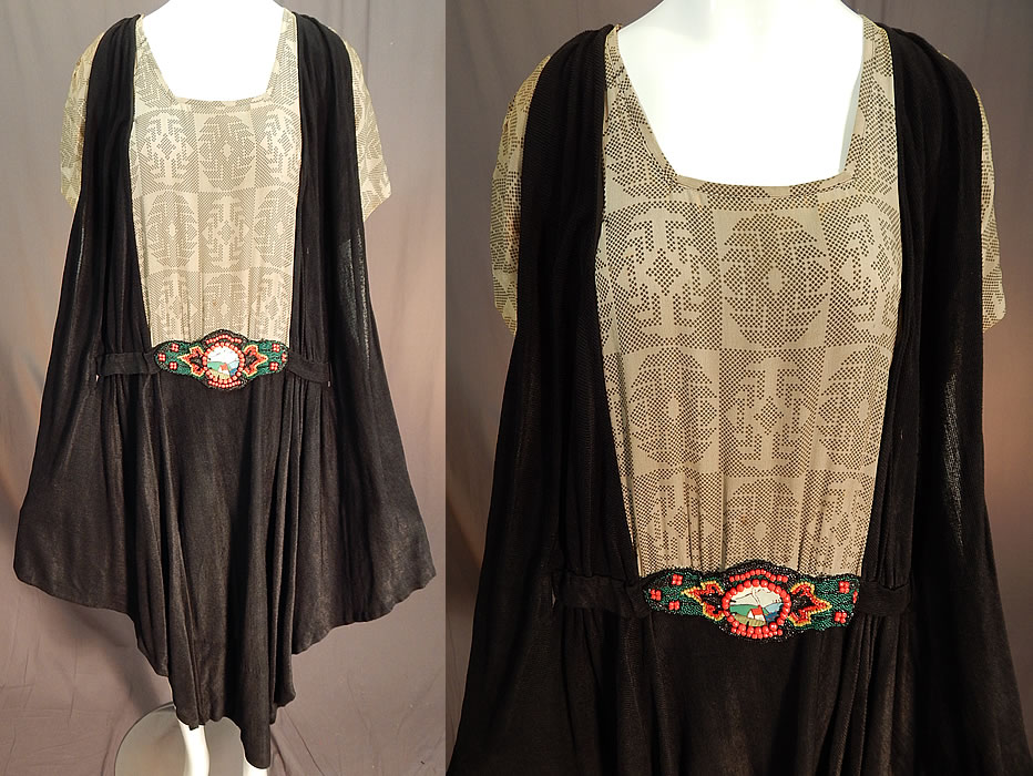 Vintage Art Deco Silk Print Top Black Jersey Knit Pinafore Dress & Beaded Belt
This vintage Art Deco silk print top black jersey knit pinafore dress and beaded belt dates from the 1920s.