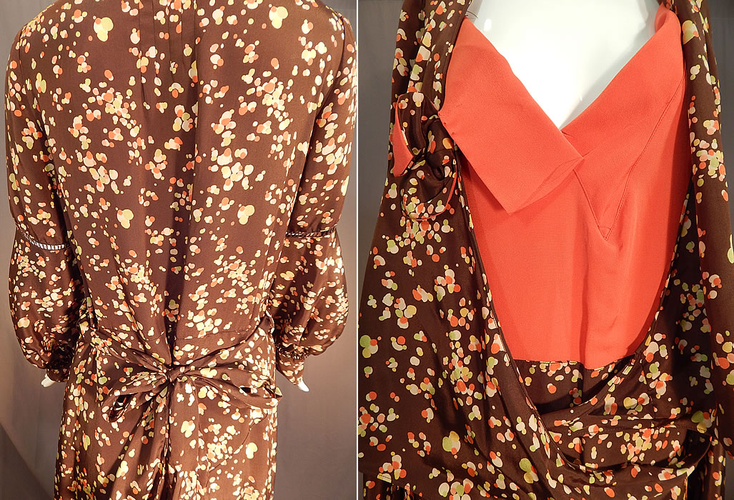 Vintage Brown Silk Polka Dot Bubble Print Belted Wrap Bias Cut Dress
The dress measures 47 inches long, with a 36 inch bust, 30 inch waist and 24 inch long sleeves.