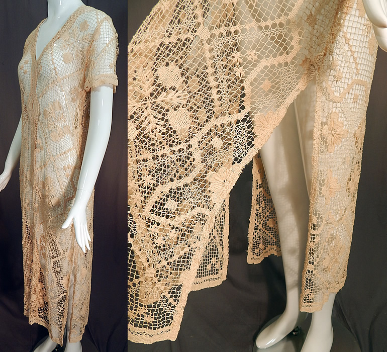 Vintage Boho Cream Crochet Lace Mesh Net Fishnet Side Slit Skirt Shift Dress
It is made of an off white cream color sheer crochet lace mesh net fishnet fabric with woven floral, geometric, squares, polka dot, diamond decorative designs.