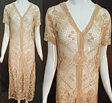 Vintage Boho Cream Crochet Lace Mesh Net Fishnet Side Slit Skirt Shift Dress
