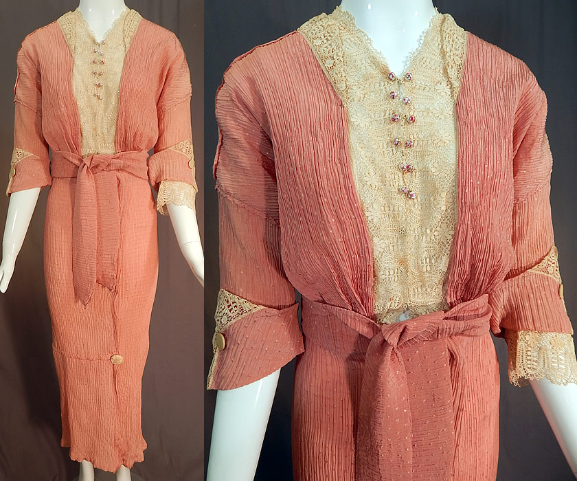 Edwardian Titanic Pleated Pink Silk Crepe Polka Dot Braided Bobbin Lace Dress
This vintage Edwardian Titanic era pleated pink silk crepe polka dot braided bobbin lace dress dates from 1912. It is made of a dusty rose pink color silk crepe de chine fabric with a polka dot damask weave pattern, very fine pleating, an off white cream color braided bobbin lace with leaves yoke, dickey front insert and cuffs.