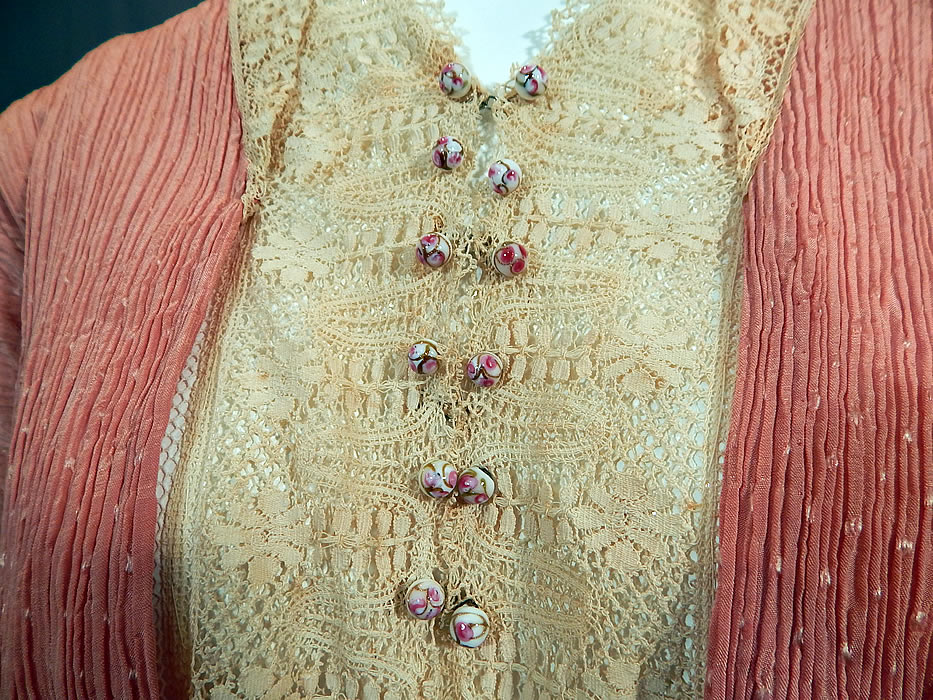 Edwardian Titanic Pleated Pink Silk Crepe Polka Dot Braided Bobbin Lace Dress
The dress measures 50 inches long, with a 30 inch bust, 22 inch waist and 28 inch hips. 