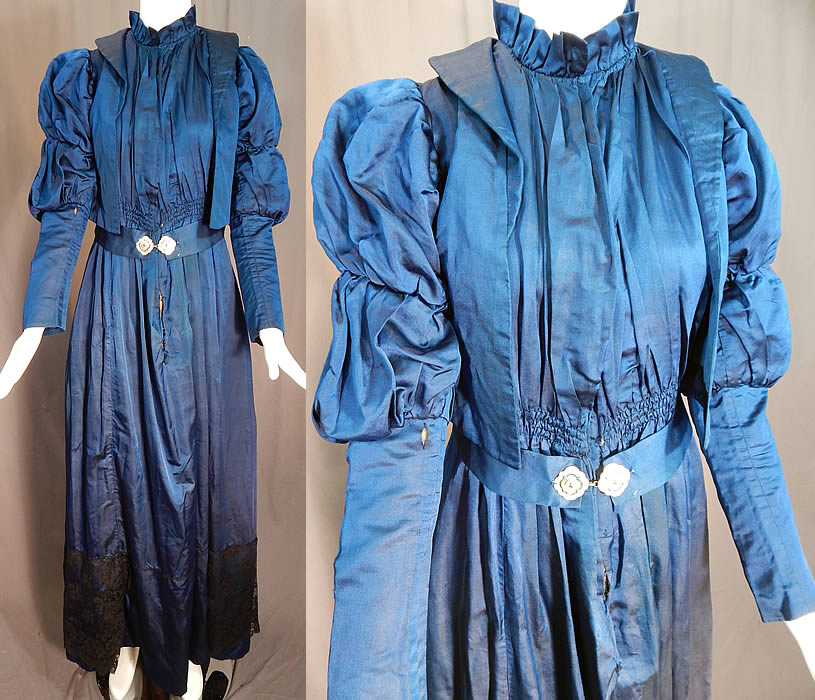 Victorian Royal Blue Silk Gigot Mutton Sleeve Morning Tea Gown Wrapper Robe Dress
This antique Victorian royal blue silk gigot mutton sleeve morning tea gown wrapper robe dress dates from 1890. It is made of a royal blue color silk fabric, with black Chantilly lace trim along the bottom skirt.