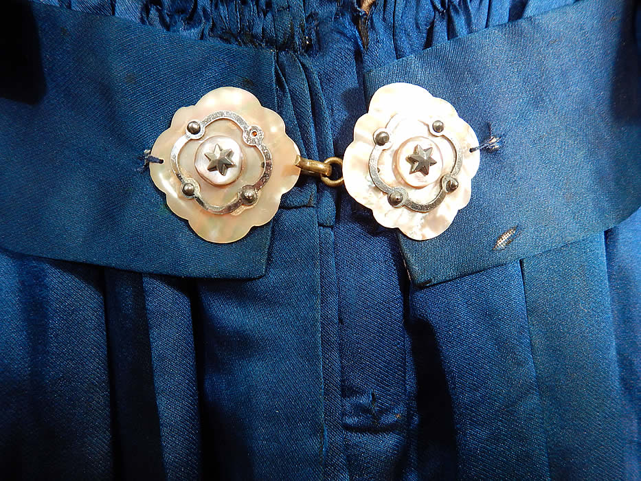 Victorian Royal Blue Silk Gigot Mutton Sleeve Morning Tea Gown Wrapper Robe Dress
The gown measures 58 inches long in the front, 64 inches long in the back, with a 30 inch bust, a 24 inch waist, 12 inches across the back shoulder seam and 22 inch long sleeves.