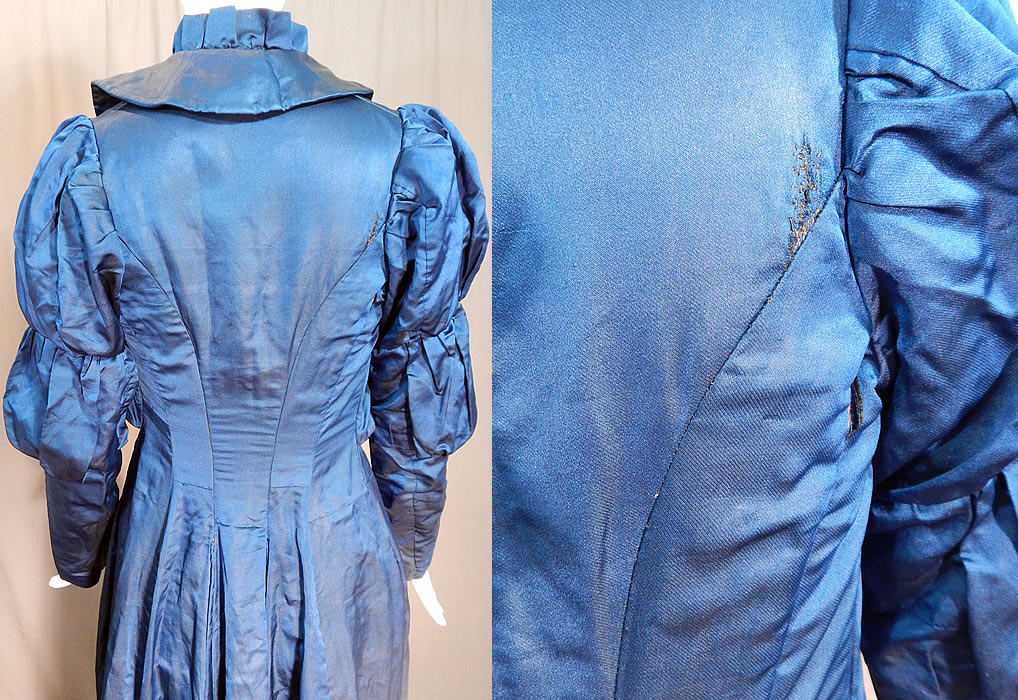 Victorian Royal Blue Silk Gigot Mutton Sleeve Morning Tea Gown Wrapper Robe Dress
It is in fair as-is condition, needing some restoration, with a few frayed splits on the sleeves, back shoulder, along with a mended repair and some lace is missing from the front bottom skirt (see close-ups). This is truly a wonderful piece of Victoriana wearable art!