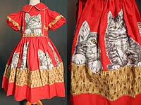 Vintage Girls Red Cotton Kitty Cat Kitten Basket Novelty Print Circle Skirt Dress
